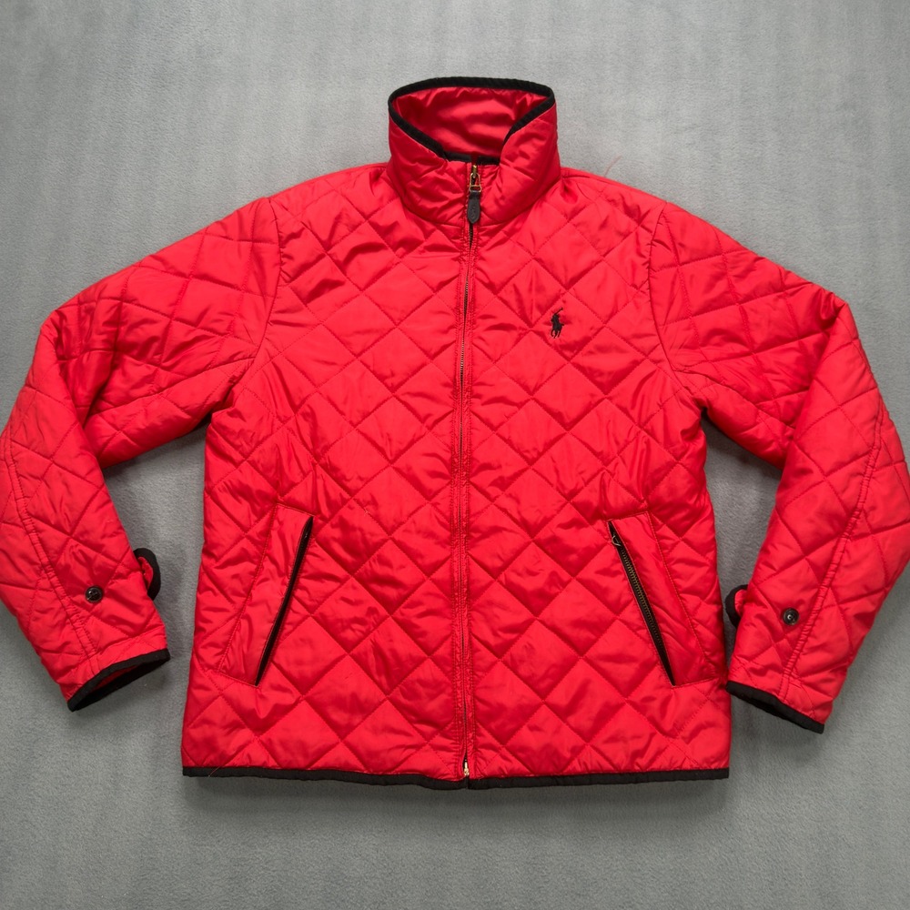Ralph Lauren Sport Quilted Jacket Size M Red Diamond Quilt Full Zip Puffer